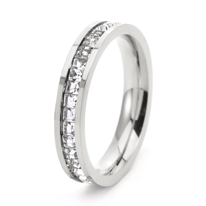 Macro shot of silver titanium ring with channel-set square sparkling crystals