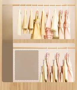 Detail of space-saving stacking hangers showing vertical storage for kids clothing