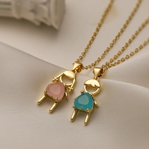 Boy Girl Pendant Necklace Gold Plated Copper Brass Heart Zircon Stone Minimalist Trendy Jewelry Gift For Women