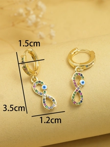 Macro shot of gold infinity devil eye earrings showing precise 1.5cm and 3.5cm measurements