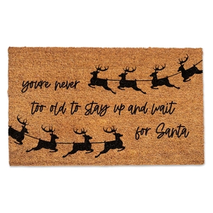 Brown coir mat detail with reindeer silhouette and festive Santa quote on textured surface