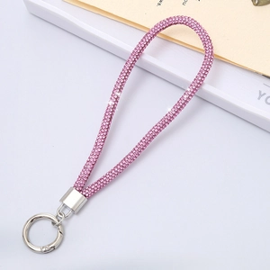 Pink rhinestone wrist strap with sparkling diamonds and silver metal ring for phone or keys