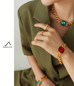 Detail of gold-plated stainless steel jewelry set with green and red crystals