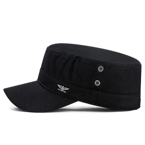 Breathable cotton black flat top cadet cap with silver eagle emblem for men's outdoor wear