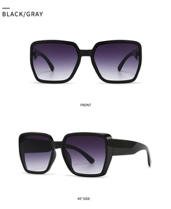 Detail view of square black sunglasses with purple gradient lenses from front and side angles