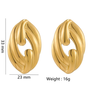 Polished gold-plated twisted oval stud earrings for women with dimensional measurements