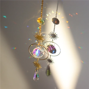 Golden sun catcher with moon star metal frames and sparkling crystal prisms hanging ornament