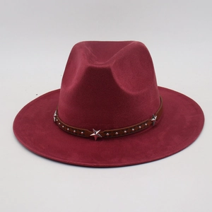 Detail of burgundy wide brim fedora with leather band featuring silver star studs