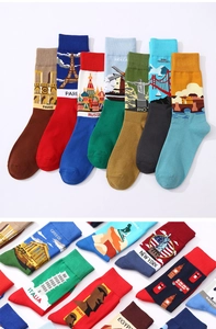 Detailed close-up of cotton crew socks featuring colorful global landmark patterns and city names