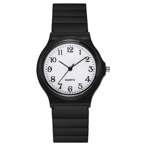 Classic silent quartz watch with black plastic strap and clear white analog dial for students