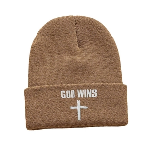 Brown knit beanie featuring white God Wins text and cross embroidery for winter warmth
