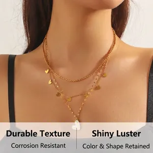 Close-up of triple-layered gold-plated stainless steel necklace with white heart pendant