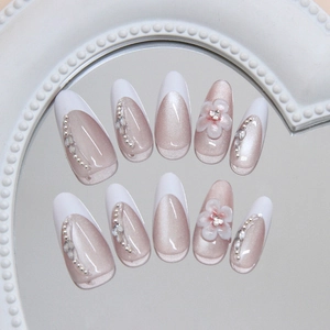 3D cat-eye flower press-on nails with French tips and sparkling rhinestones 30pcs