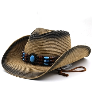 British style wide brim straw cowboy hat with turquoise bead band and windproof cord