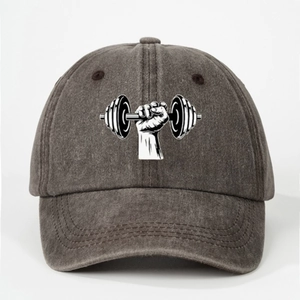 Detail of grey washed baseball cap showing dumbbell gym print and vintage cotton texture