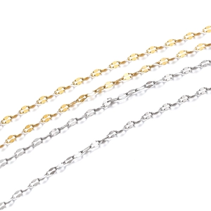 Flat oval link necklaces in vacuum-plated gold and silver finishes on white background