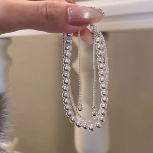 Double Layered Artificial Pearl Bracelet For Women Alloy Zircon Rhinestone Adjustable Sliding Buckle Sweet Elegant Korean Style Jewelry