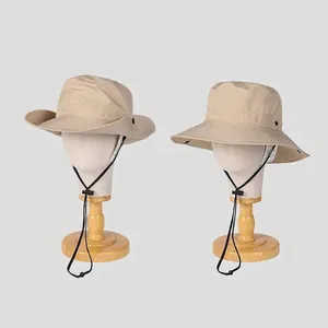Khaki wide brim sun hat for men and women with adjustable windproof rope and foldable brim