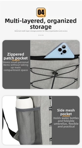 Detail of insulated backpack featuring a front zipper pocket and side mesh storage holder