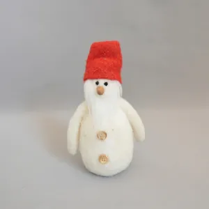 Handmade wool felt snowman ornament with a red hat, wooden nose, and white beard detail