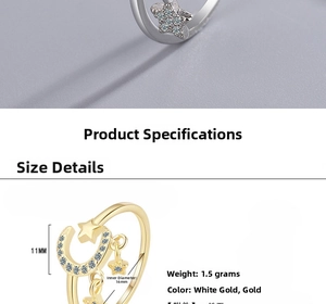 Detailed size specifications for adjustable star and moon rhinestone open ring in gold and silver