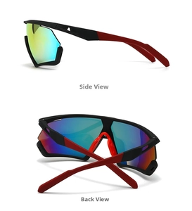 Detailed side and back view of oversized retro sports sunglasses with colorful lenses