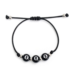 Bracciale da uomo in corda nera con tre perline da biliardo numero 8 e accenti in argento