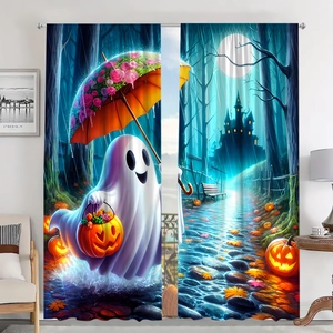 Detail view of Halloween curtains showing a cute ghost holding a pumpkin lantern in a forest