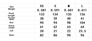 Size chart showing garment measurements for this linen cotton long sleeve utility dress