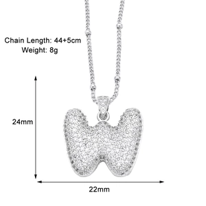 Detail showing letter W pendant dimensions 24x22mm with cubic zirconia pavé and 44+5cm chain