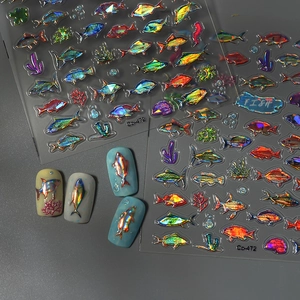Detail of laser colorful ocean fish nail stickers with coral patterns and 3D display