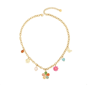Gold stainless steel necklace featuring colorful enamel flower and butterfly charms