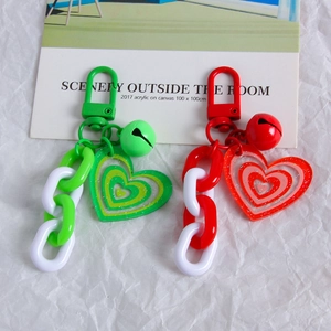 Colorful double-layer acrylic heart keychains with glitter, bells and plastic chains