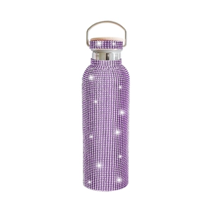 Glittering purple rhinestone 17oz vacuum insulated water bottle with wooden cap