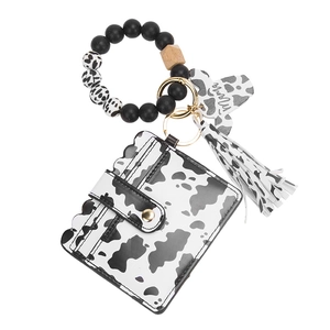 Mama cow print silicone bead keychain wristlet with leather card holder and tassel