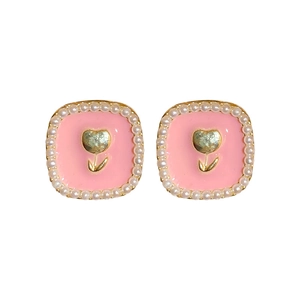 Pink enamel flower square earrings with imitation pearls and gold finish for women