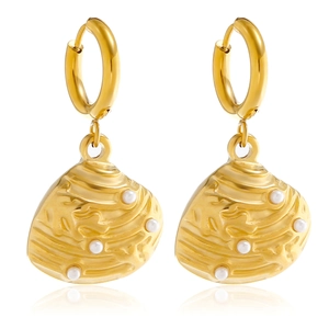 Classic 18K gold plated shell earrings with white pearl inlay in a polished metal design