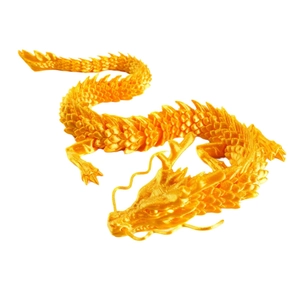 Golden 3D printed Chinese dragon figure with detailed scales and flexible joints