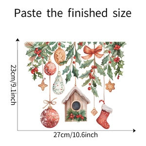 Detail view of festive Christmas wall stickers showing berries, holly leaves and birdhouse