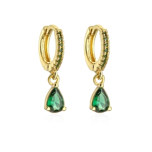 Detail of 18K gold plated hoop earrings with green zircon pave and pear-cut drop stones