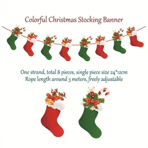 Detail of red and green Christmas sock banners with reindeer and bell 3D elements