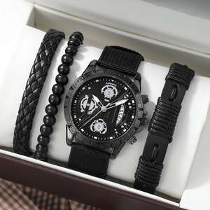 Men's calendar quartz watch with black canvas strap and 3-piece bracelet gift set