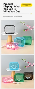 Detailed view of clear PVC makeup bags with heart sequins and zipper in various colors