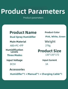 Detailed product specifications chart for the dual spray USB humidifier in multiple colors