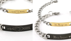 Detail of laser engraved His Always and Hers Forever stainless steel couple bracelets