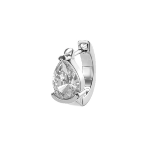 Polished silver hoop earring with sparkling teardrop-shaped zircon gemstone on white background