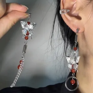 Silver butterfly tassel earrings with red beads and matching ear cuff set for women