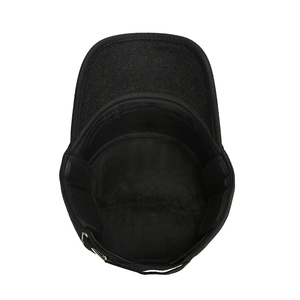 Black men's flat top cadet cap with warm ear flaps and adjustable metal buckle
