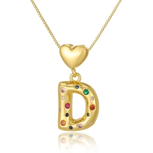 Detail of gold letter D pendant with multi-color stones and heart clasp on chain