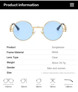 Detailed size guide for steampunk round metal sunglasses with frame dimensions in mm